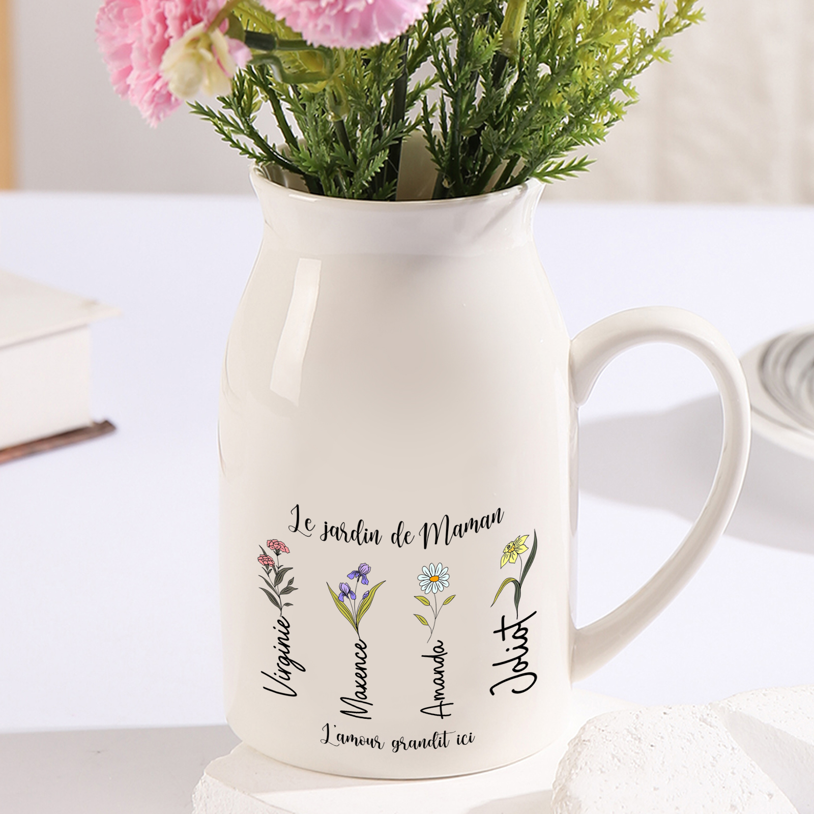 Vase personnalisé avec prénoms et fleurs de naissance – Cadeau pour maman | Jessemade