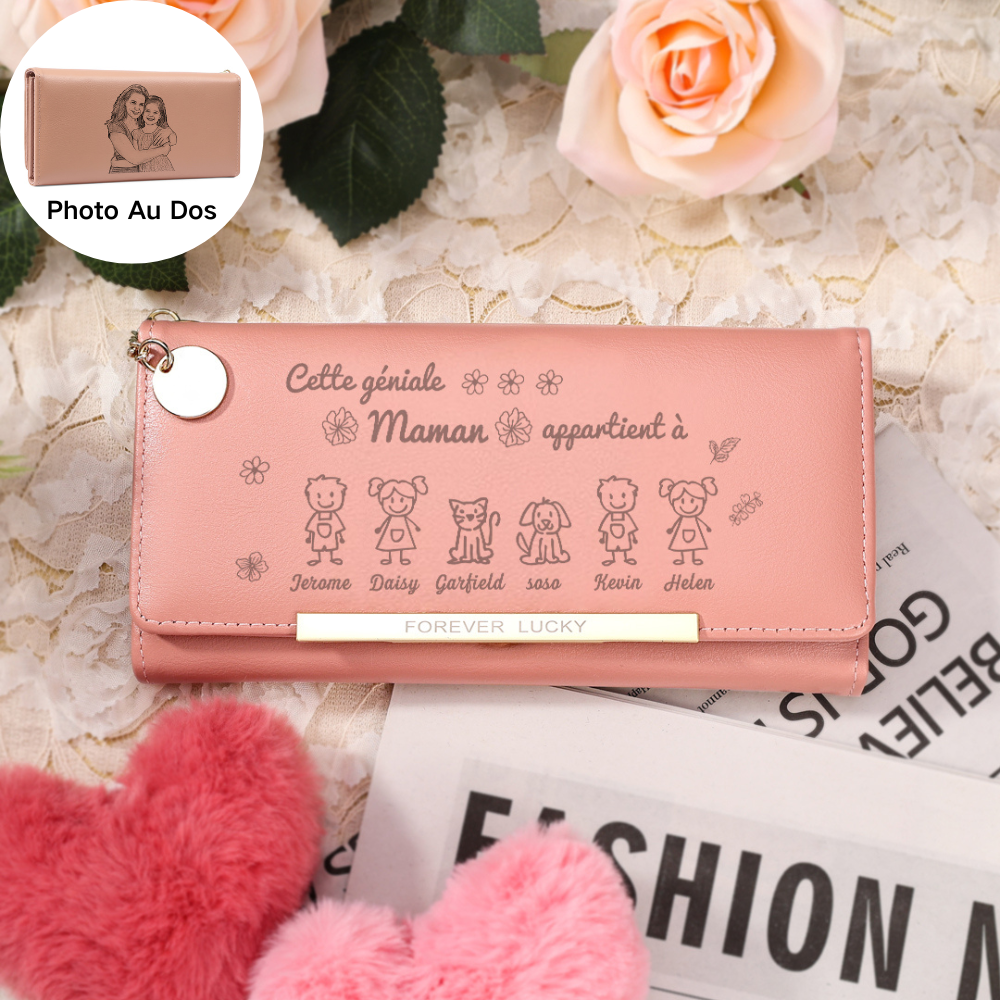 À Maman - Portefeuille Femme Photo Personnalisée avec 6 Dessins Enfant et 6 Prénoms Porte-monnaie Long Rose en Cuir PU pour Maman | Jessemade