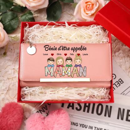 À ma Maman/Mamie -Portefeuille Personnalisé avec 1-8 Prénoms d'Enfants Porte-Monnaie en Rose/Bleu/Jaune | Jessemade