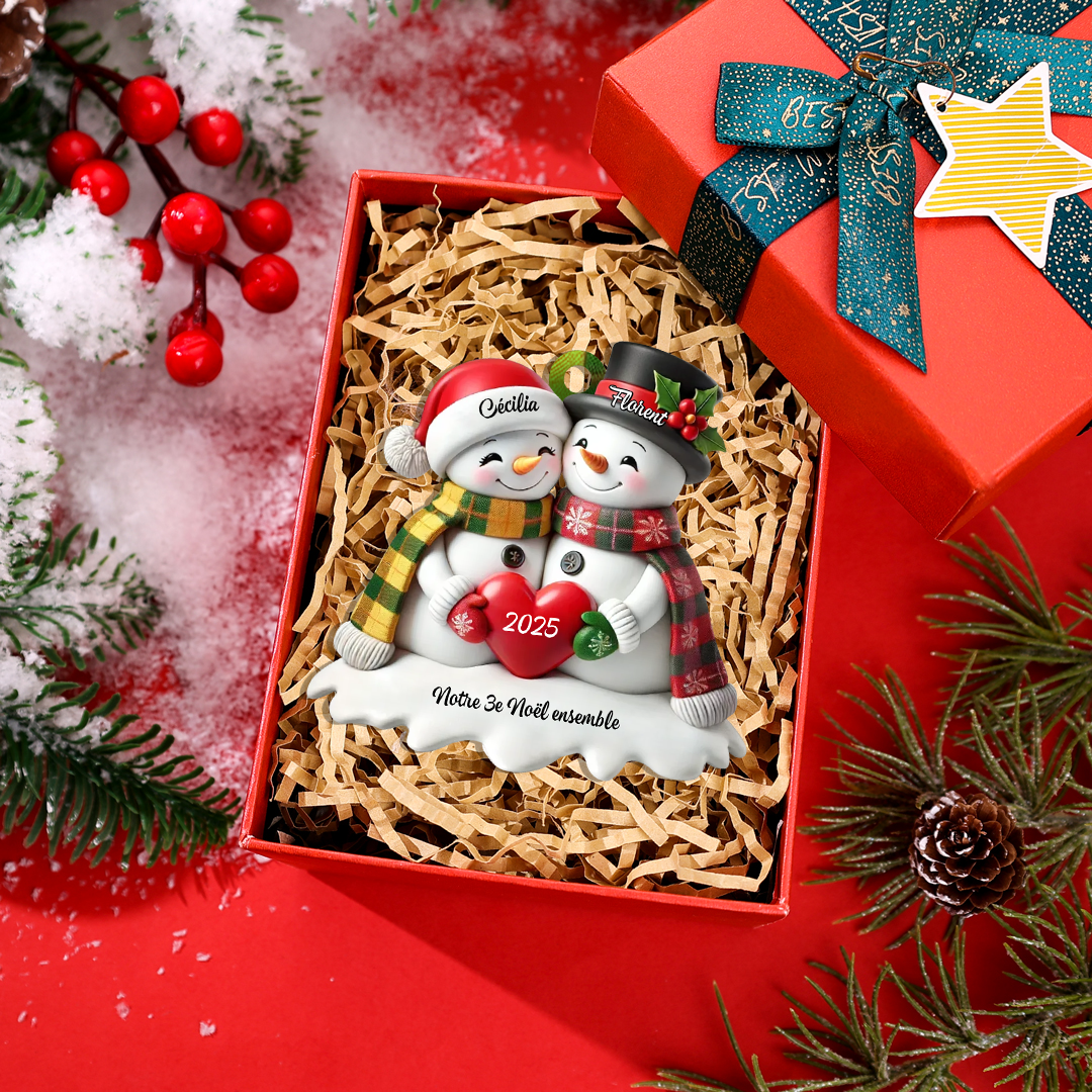 Décoration Sapin Noël Couple Bonhommes de Neige Coeur Personnalisable