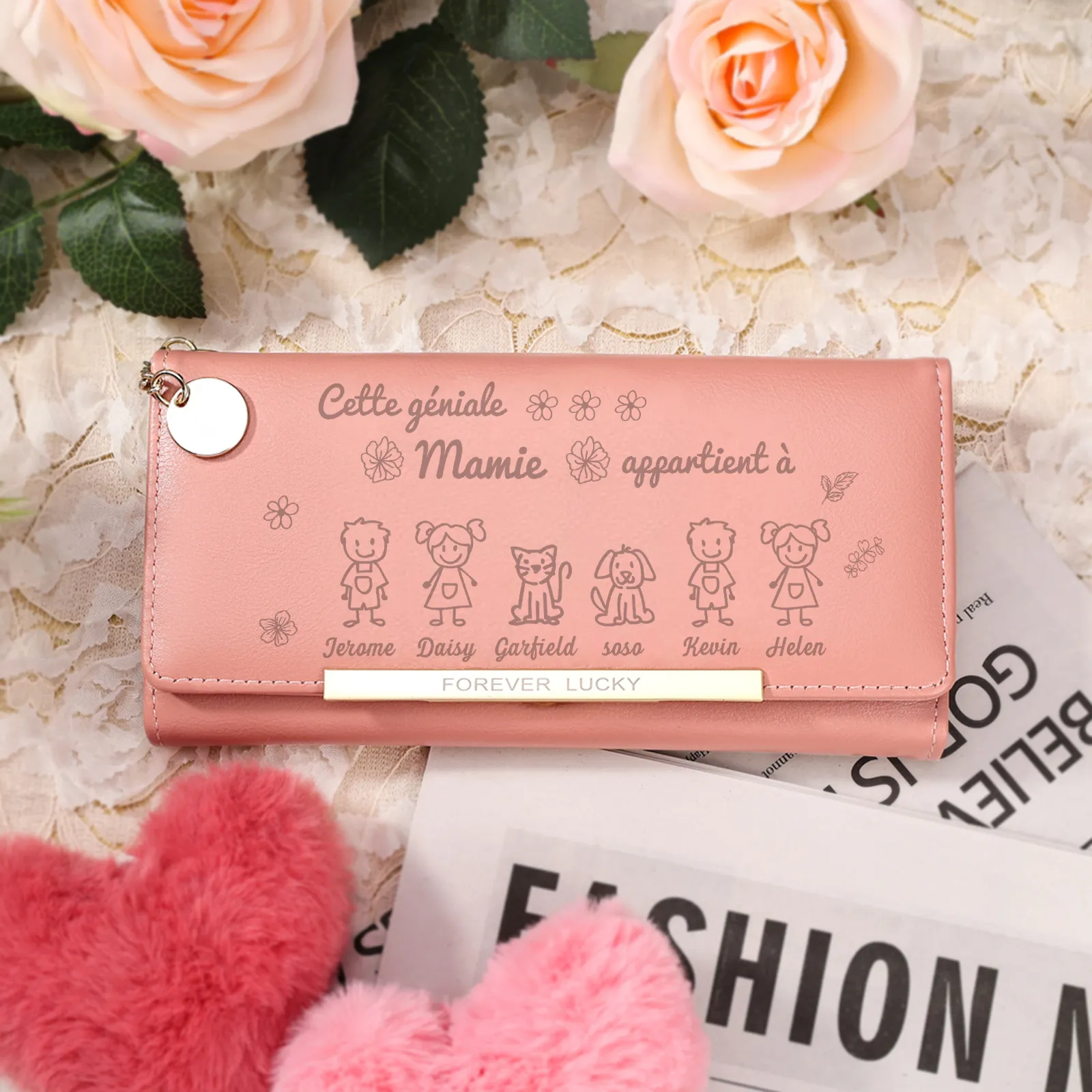 À Mamie - Portefeuille Femme Personnalisé long en Cuir PU avec 2-6 Dessins et Prénoms Porte-monnaie pour Mamie | Jessemade