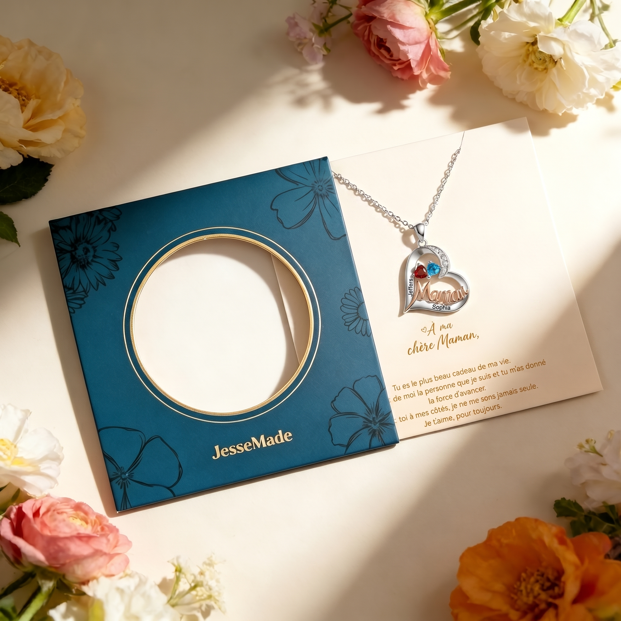 Collier Cœur personnalisé Maman, Gravure de 1-5 Prénoms et Pierres de Naissance