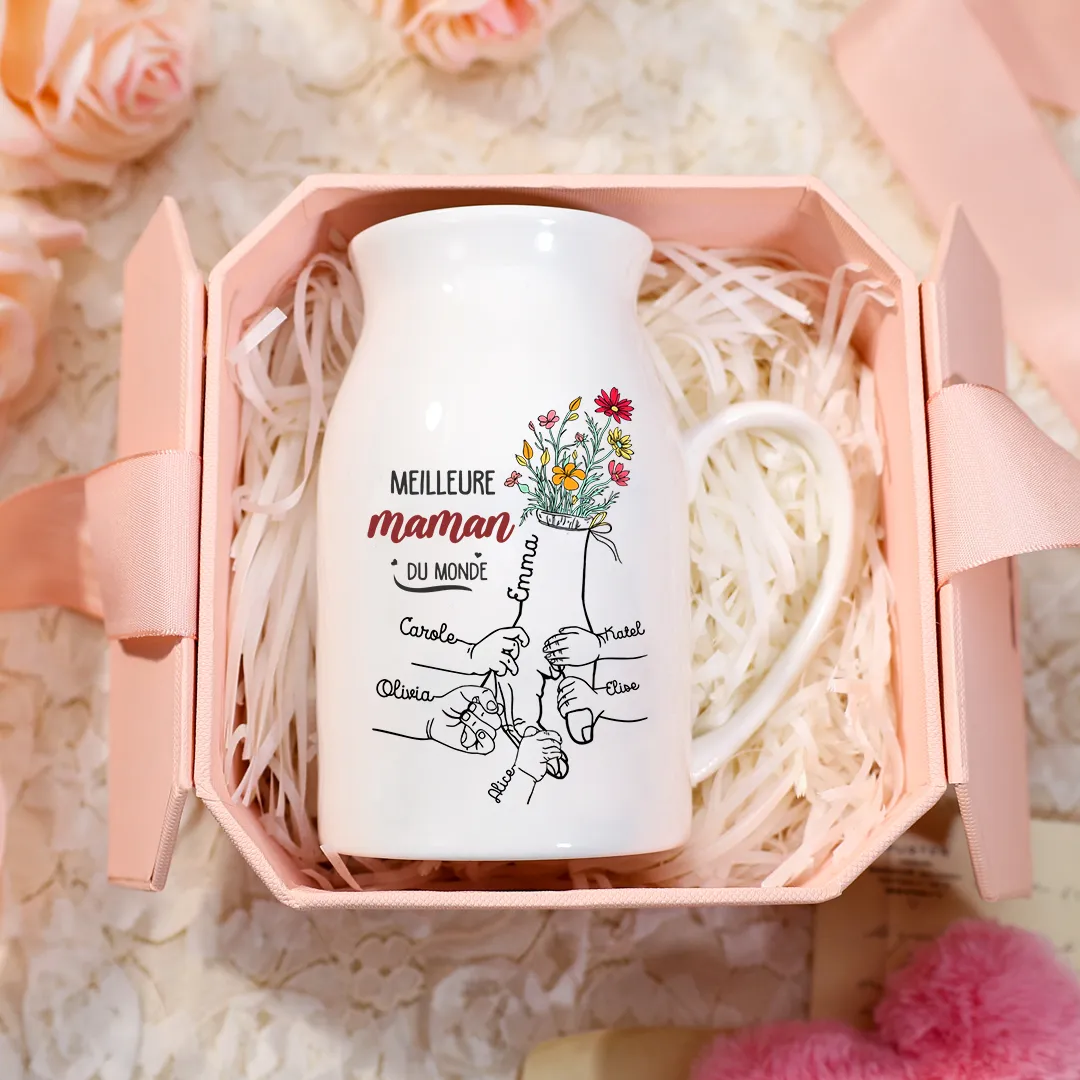 Vase à Fleurs Personnalisé pour Maman/Mamie avec 2-7 Prénoms et 1 Texte la Main dans la Main Décoration de la Maison (sans plantes) | Jessemade