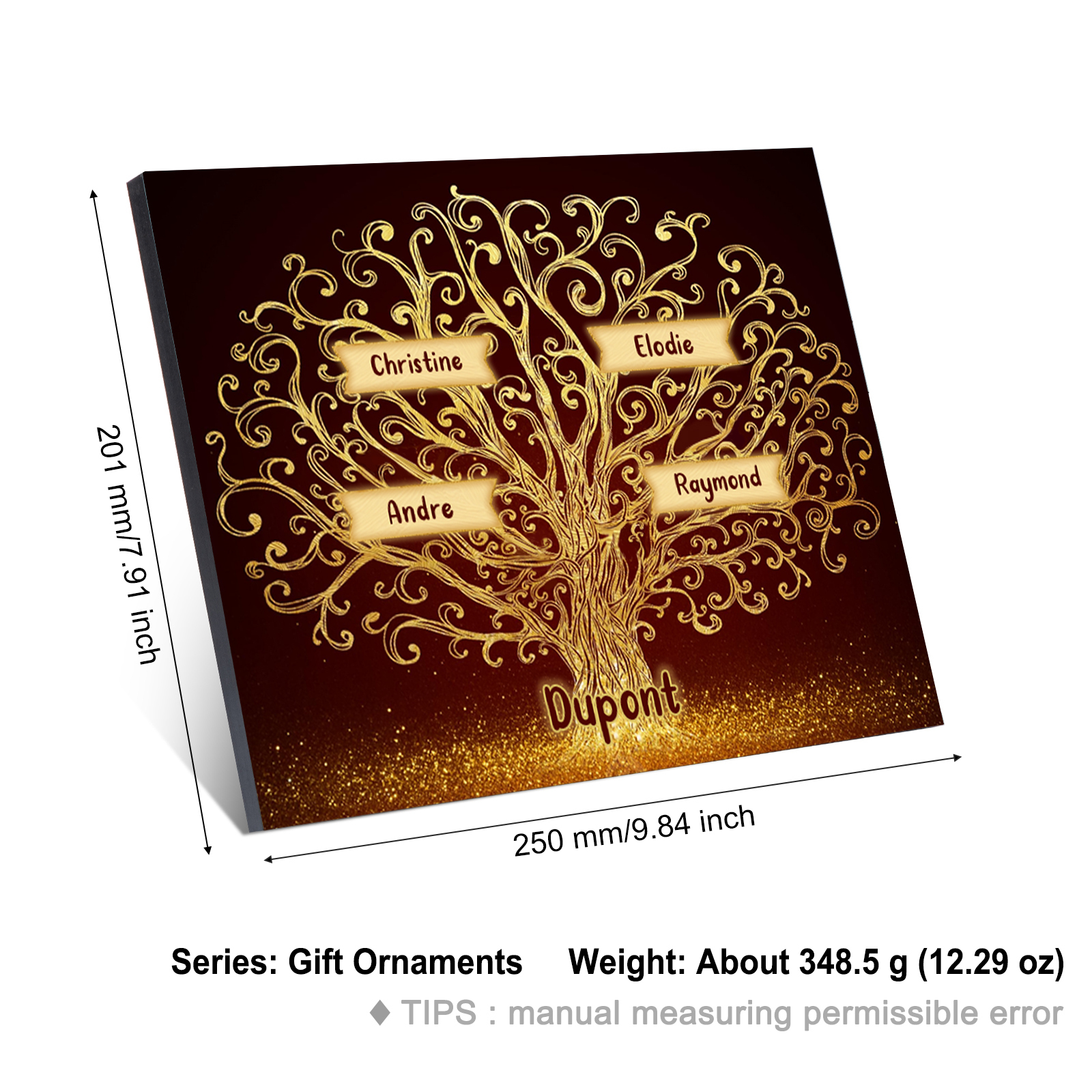 Cadre en Bois Arbre 4 Prénoms Personnalisés avec Texte Cadeau pour Famille