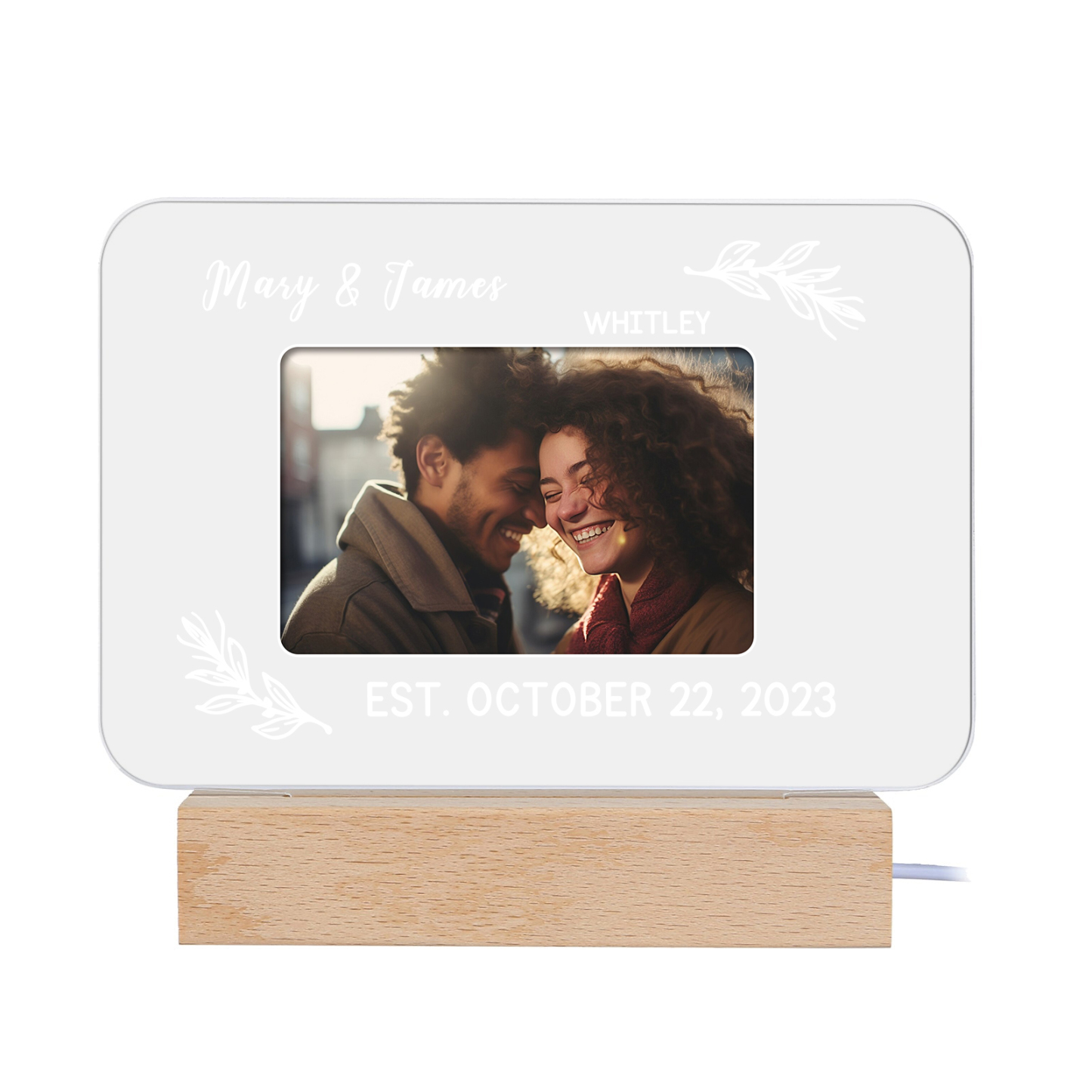 Lampe de chevet LED Lumières 2 Prénoms et 1 Photo Personnalisés avec Texte et Date pour Couple