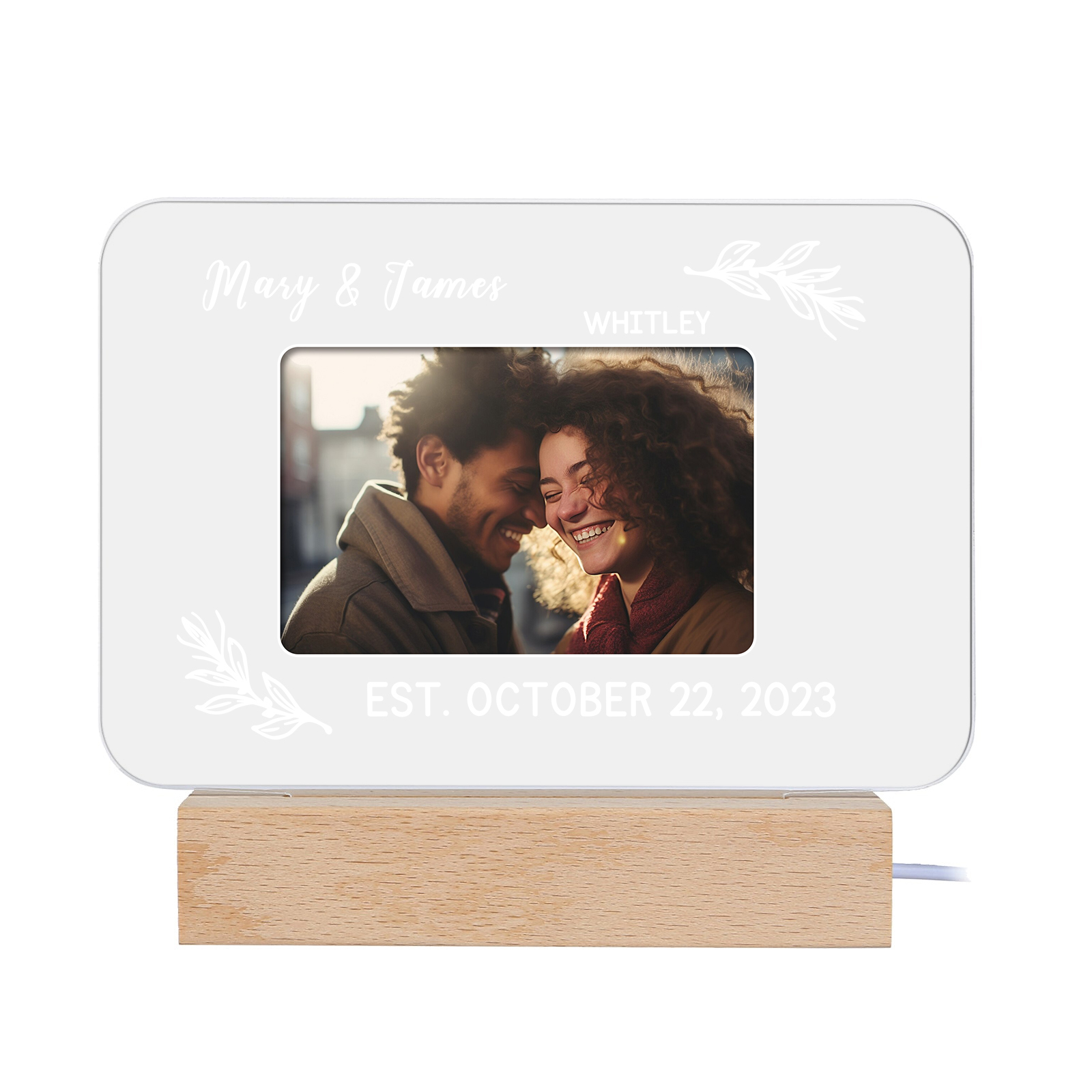 Lampe de chevet LED Lumières 2 Prénoms et 1 Photo Personnalisés avec Texte et Date pour Couple