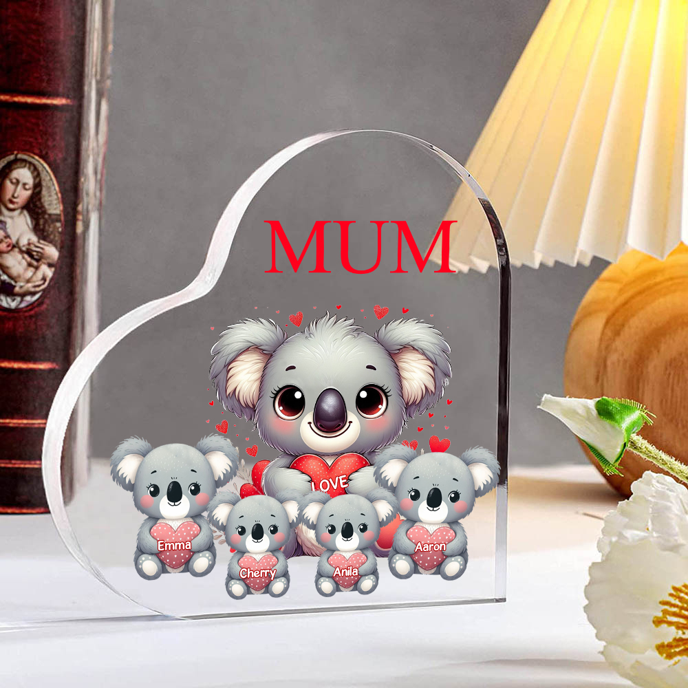 À ma Maman/Mamie - Plaque Acrylique en Forme de Cœur Koala 4 Prénoms Personnalisés avec 1 Texte