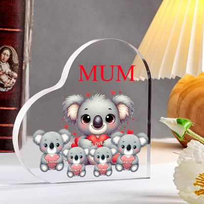À ma Maman/Mamie - Plaque Acrylique en Forme de Cœur Koala 4 Prénoms Personnalisés avec 1 Texte