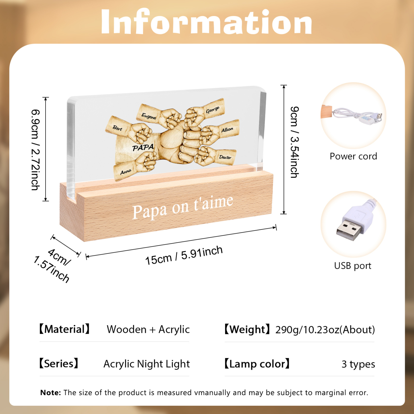 À mon Papa/Papi- Lampe de chevet LED Poings 7 Prénoms Personnalisés avec Texte