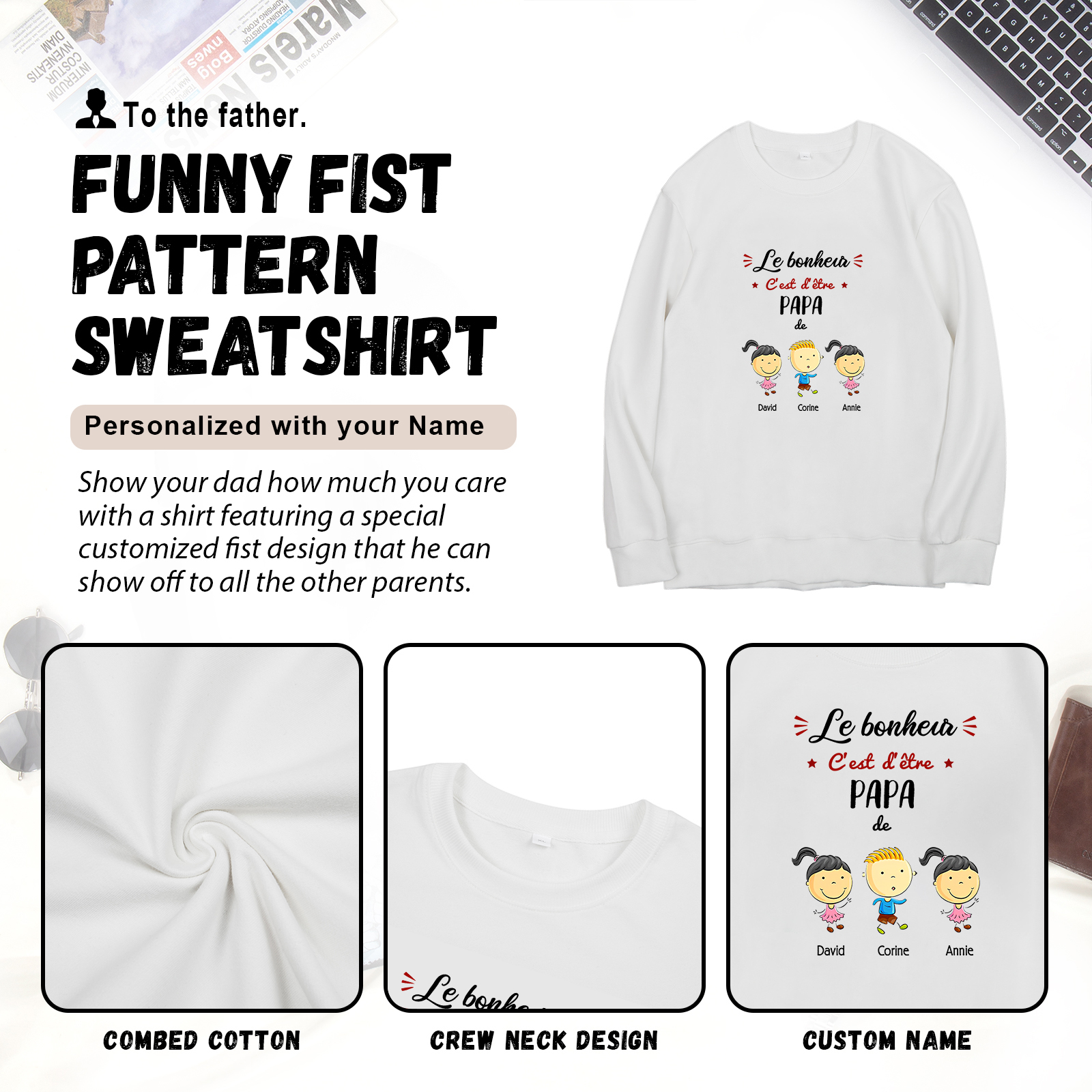 Sweat-Shirt 3 Enfants 3 Prénoms Personnalisés avec Texte