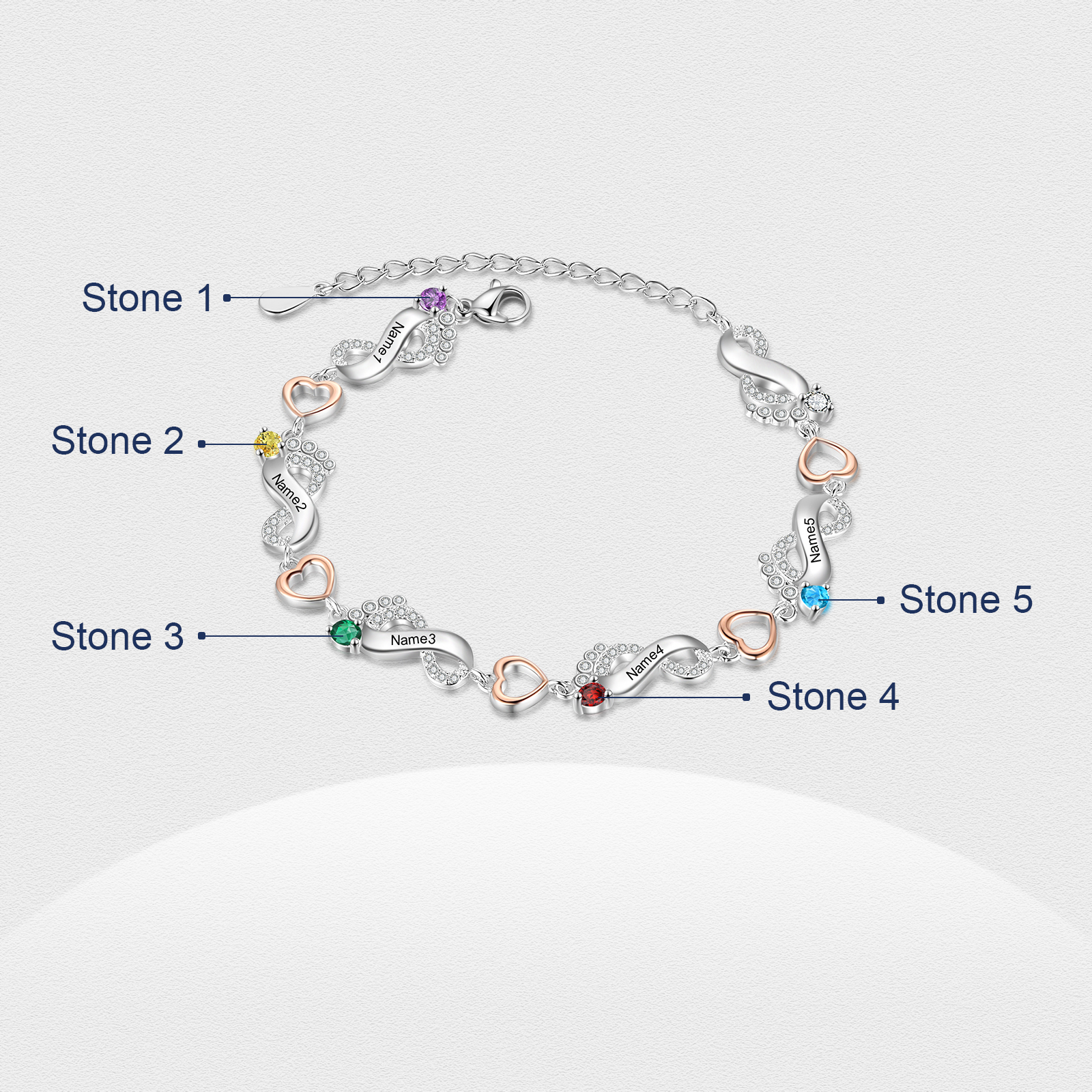 Bracelet Pied bébé et Cœur Personnalisé avec 5 Prénoms et Pierres de naissance Bracelet pour Femme | Jessemade