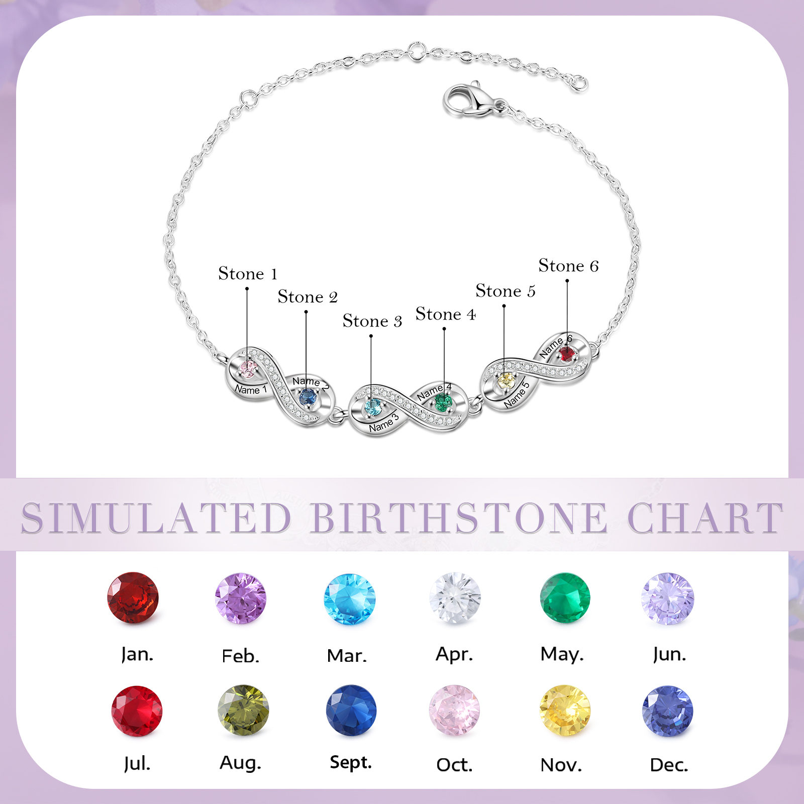 Bracelet Infini 6 Prénoms Personnalisé avec 6 Pierres de Naissance