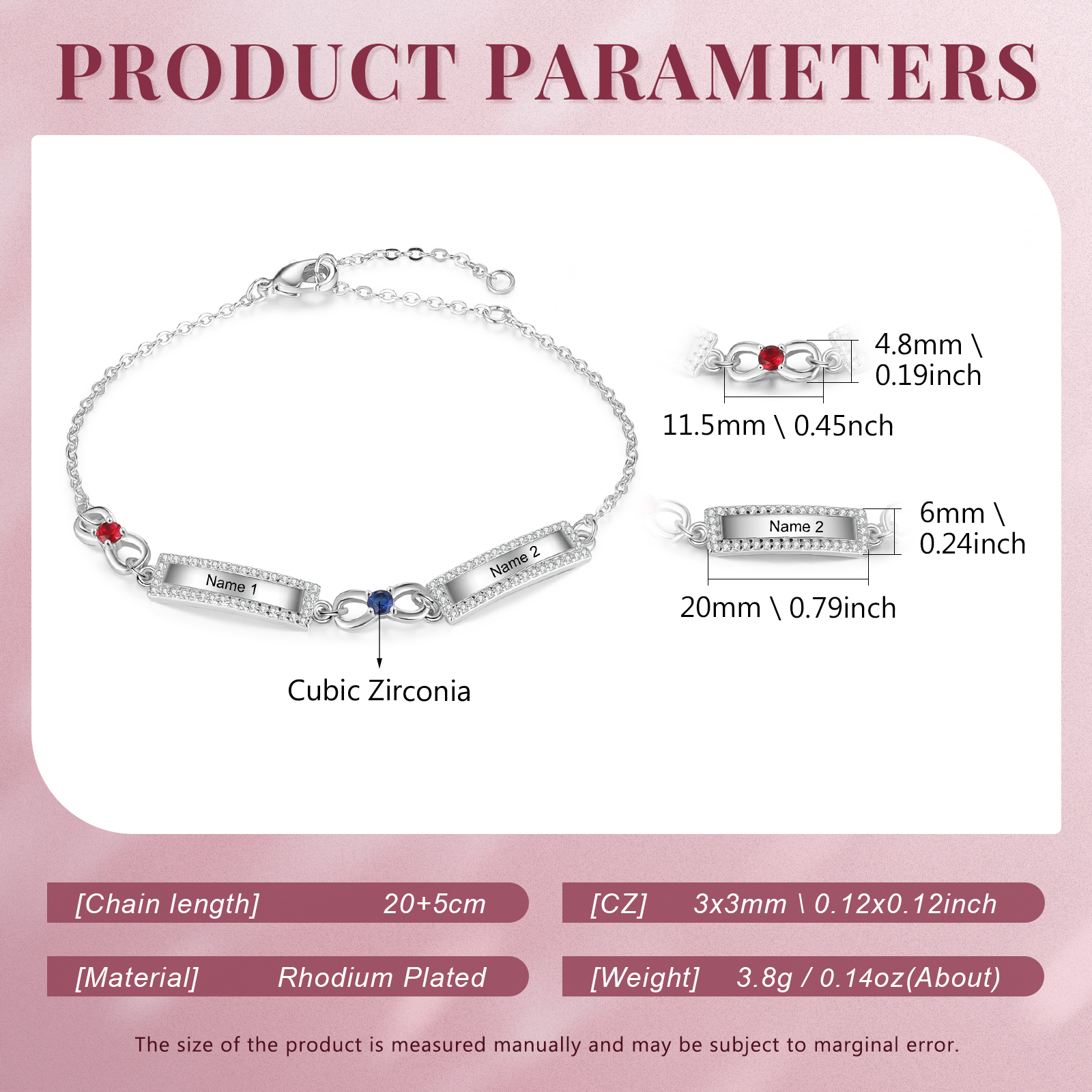 Bracelet Infini 2 Prénoms Personnalisé avec 2 Pierres de Naissance