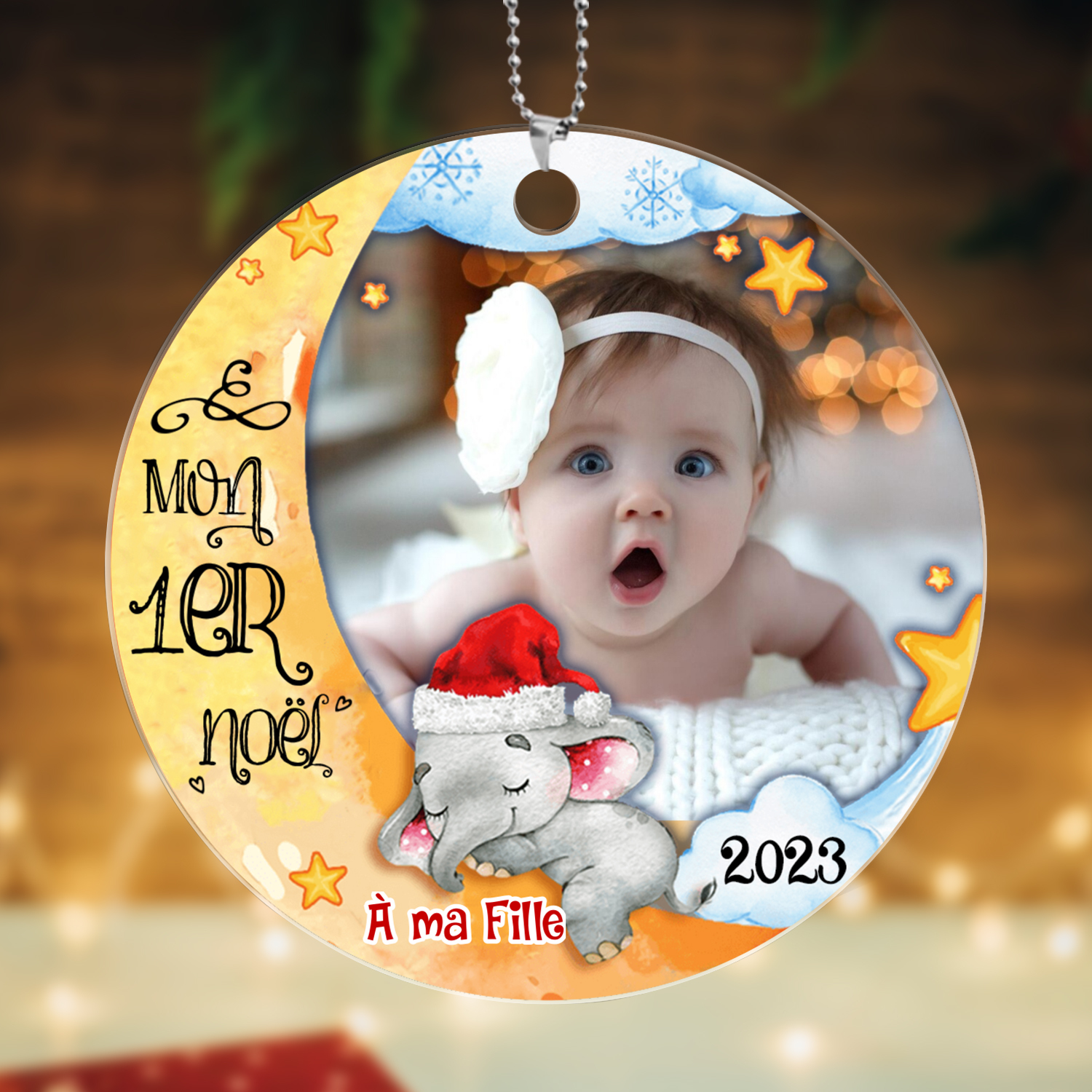 À mon Bébé - Ornements de Noël Lune en Bois avec Prénom et Photo Personnalisés