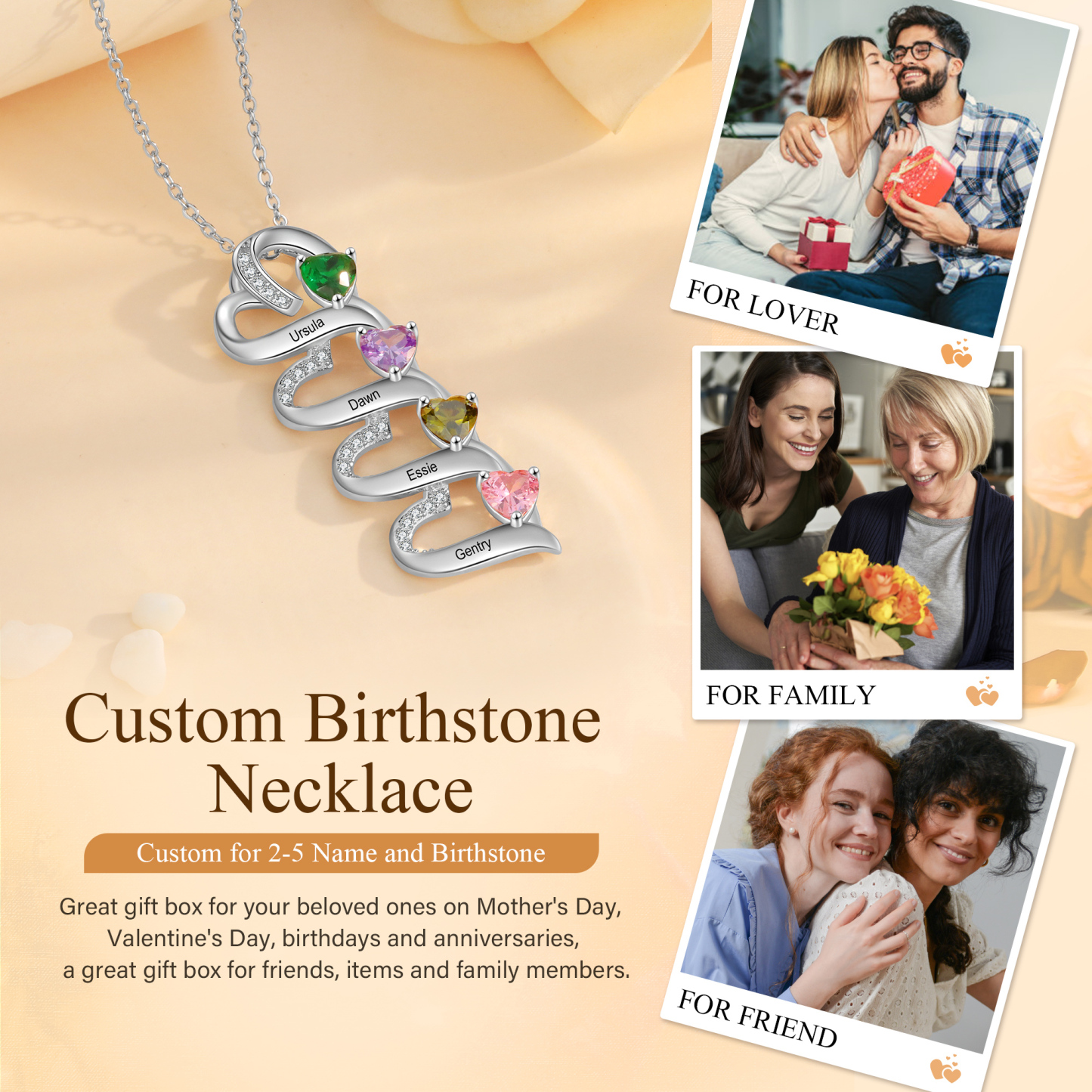 Collier Pendentif Cœur 4 Prénoms Personnalisés avec Pierre de naissance pour Femmes