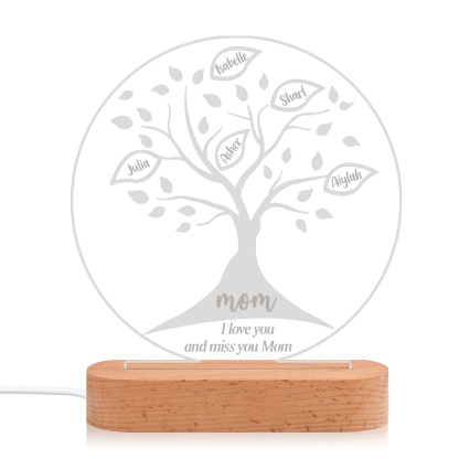 Lampe de chevet LED Arbre de vie Arbre généalogique 5 prénoms personnalisés avec 2 textes