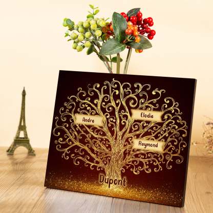 Cadre en Bois Arbre 3 Prénoms Personnalisés avec Texte Cadeau pour Famille