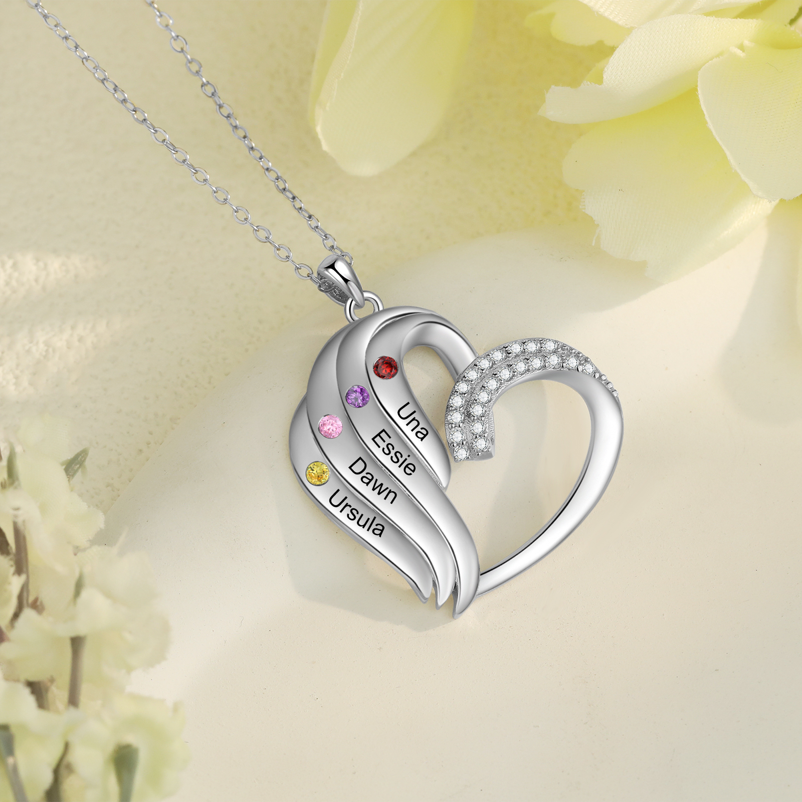Collier Coeur 4 Prénoms Personnalisés avec Pierre de naissance pour Femmes|Jessemade
