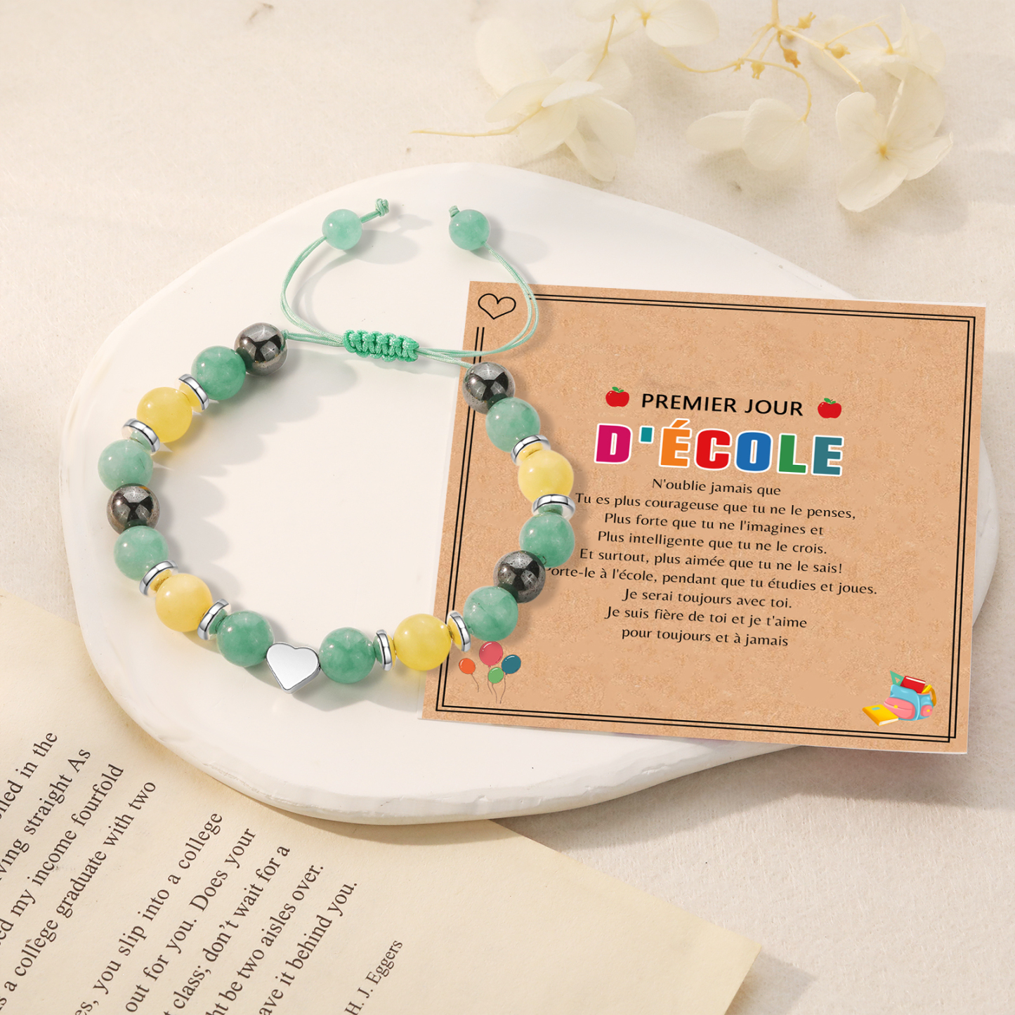 À Ma Fille - Bracelets de Perles de Pierre Cœur - Cadeau Rentrée Scolaire avec Carte Premier jour d’école