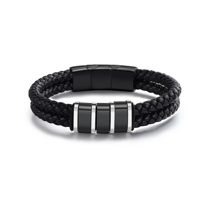 Bracelet Personnalisé en Cuir et Acier Inoxydable Personnalisé avec 3 Prénoms Bracelet Homme | Jessemade