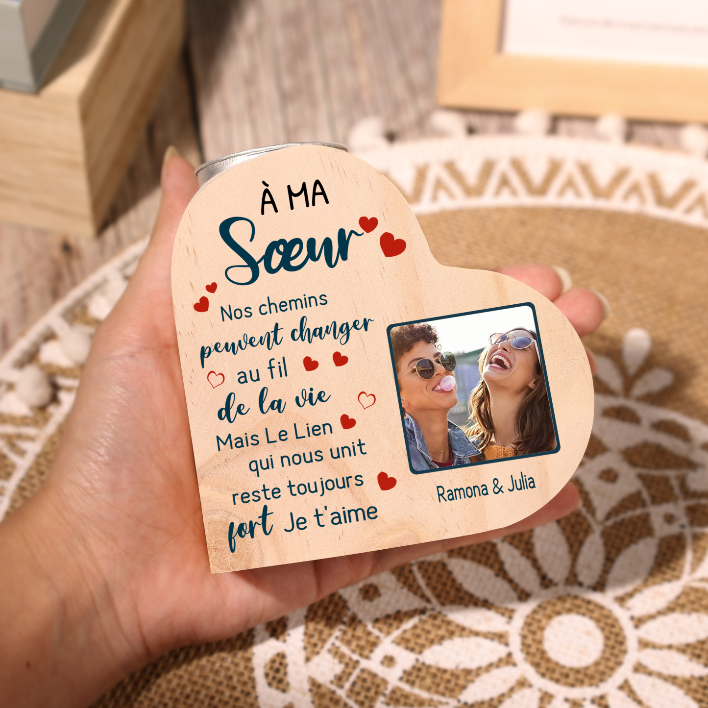 À Ma Sœur - Bougeoir en Bois 2 Prénoms Personnalisés avec Photo sans bougie