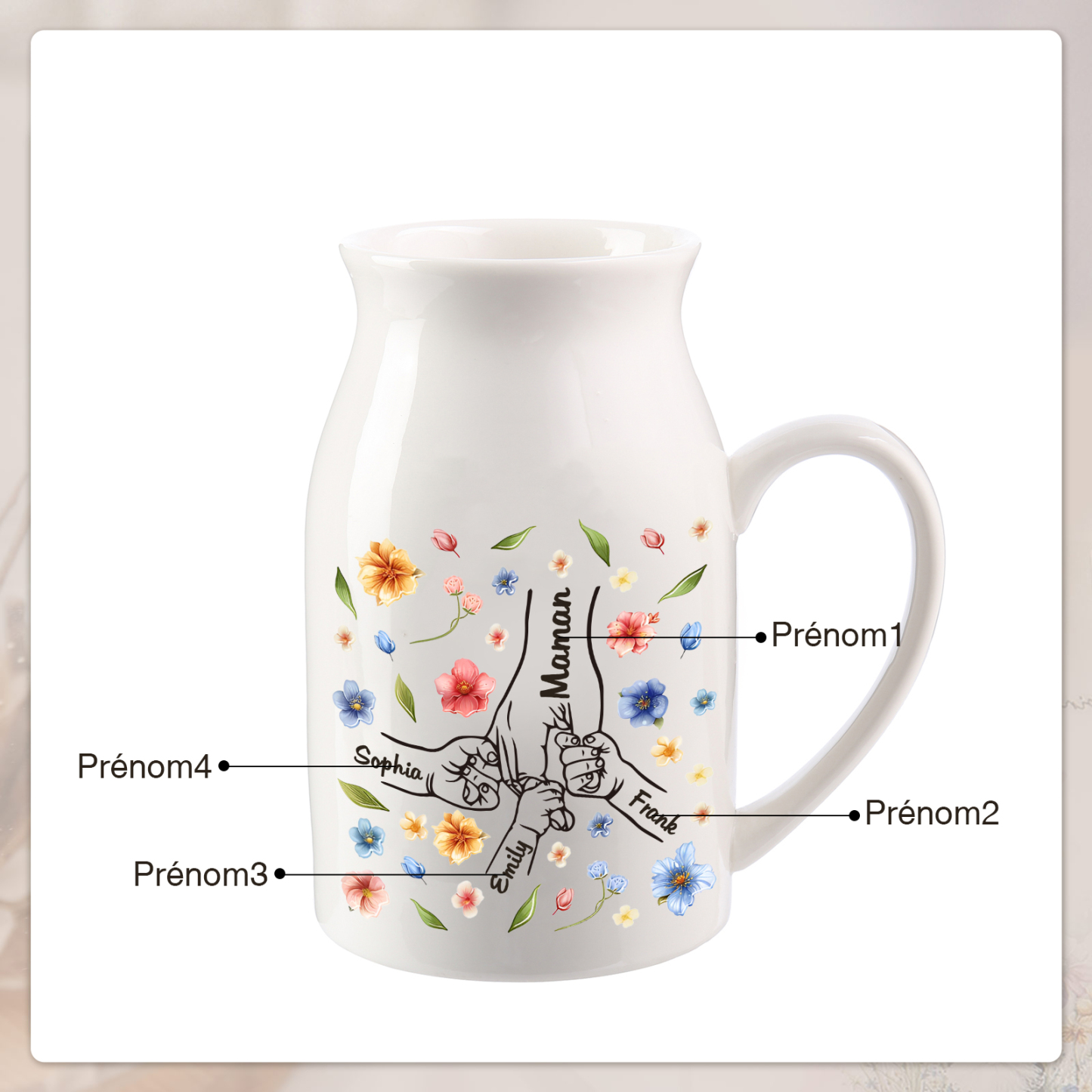 Vase à Fleurs la main dans la main 4 Prénoms Personnalisés Décoration de la Maison