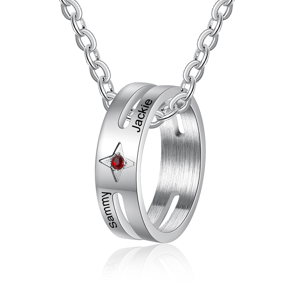 Collier Pendentif Bague 2 Prénoms Personnalisés avec 1 pierre de naissance pour Femmes