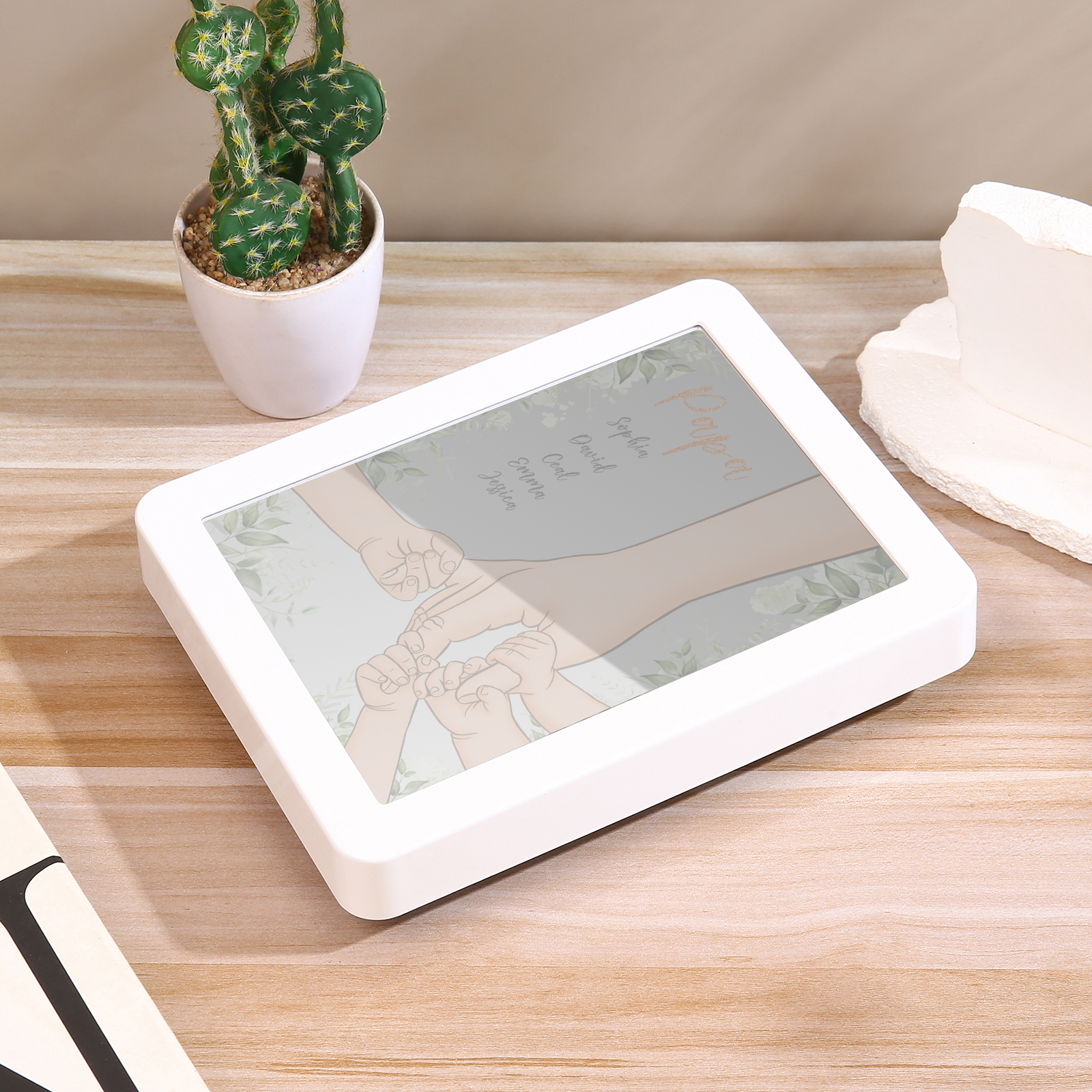 Lampe LED/Cadre Photo/Miroir multifonctionnel la main dans la main 5 Prénoms et 1 Tetxe Personnalisés Cadeau Créatif pour Famille