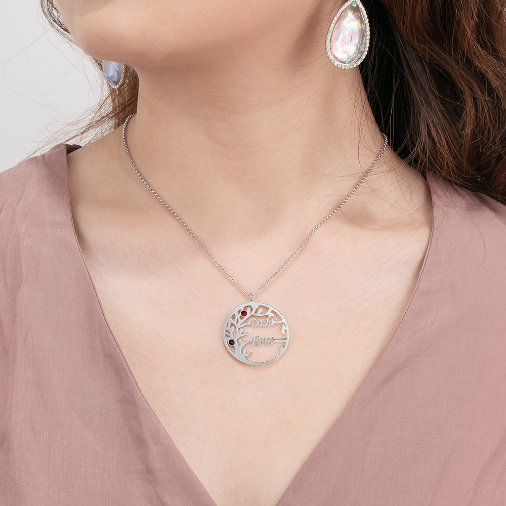 Collier Argent Arbre de vie Arbre généalogique 2 prenoms Avec Pierre De Naissance