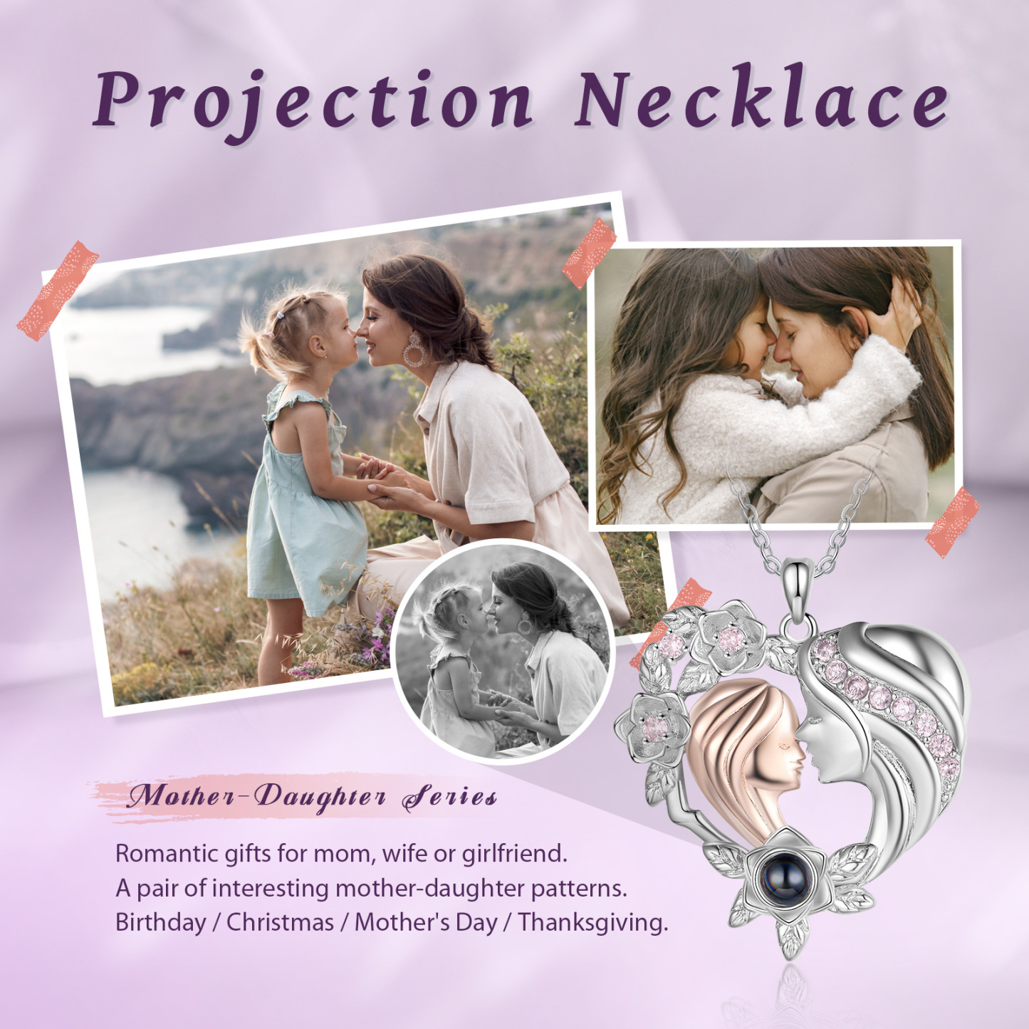 Collier de projection avec photo en noir et blanc personnalisée collier mère et fille