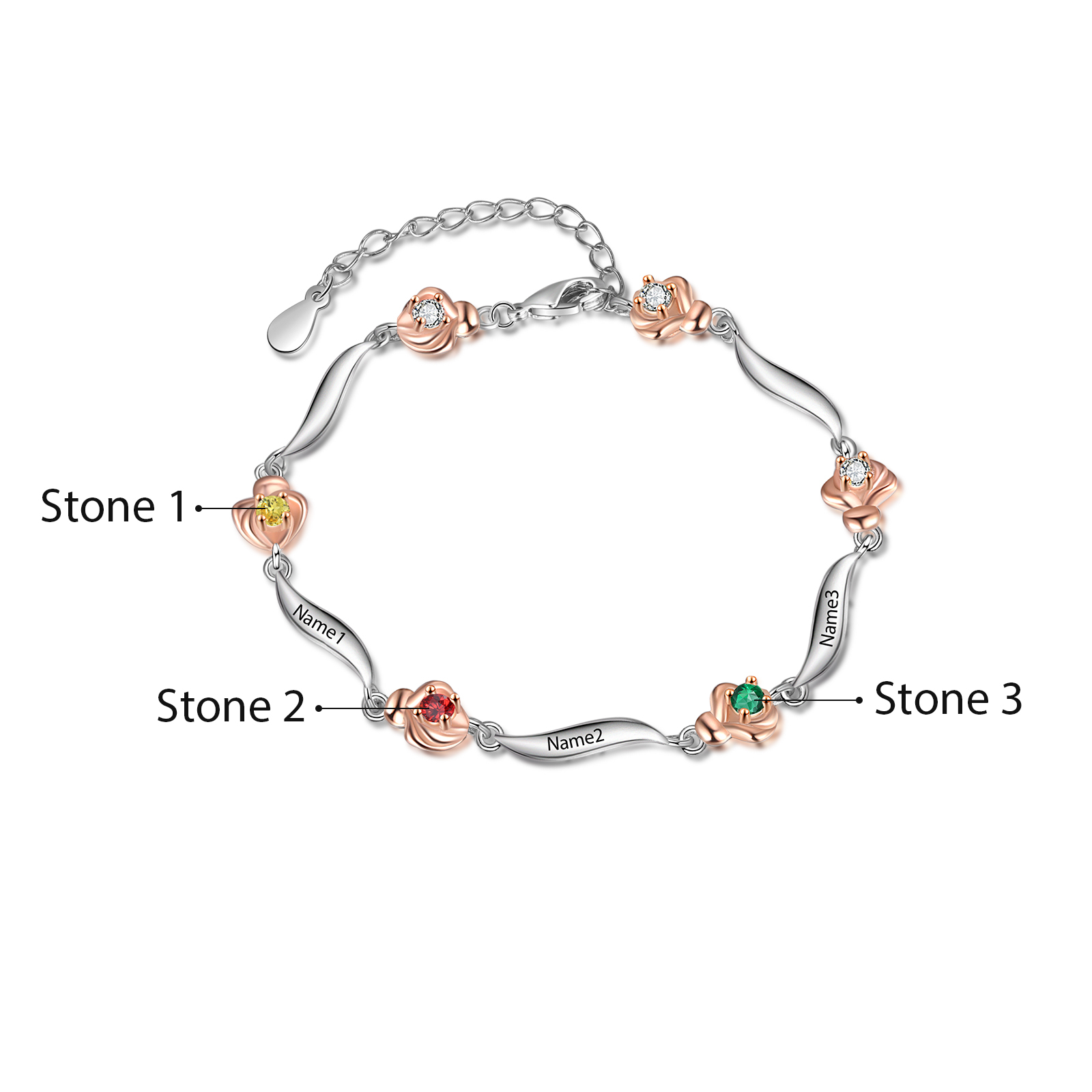 Bracelet Roses 3 Prénom Personnalisé avec 3 Pierre de Naissance