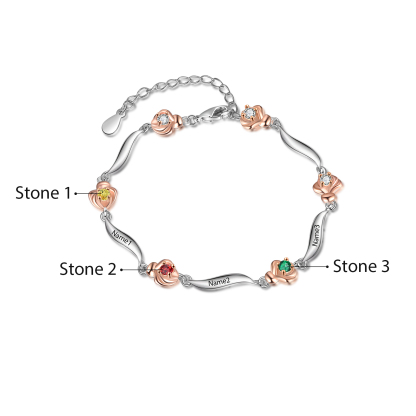 Bracelet Roses 3 Prénom Personnalisé avec 3 Pierre de Naissance