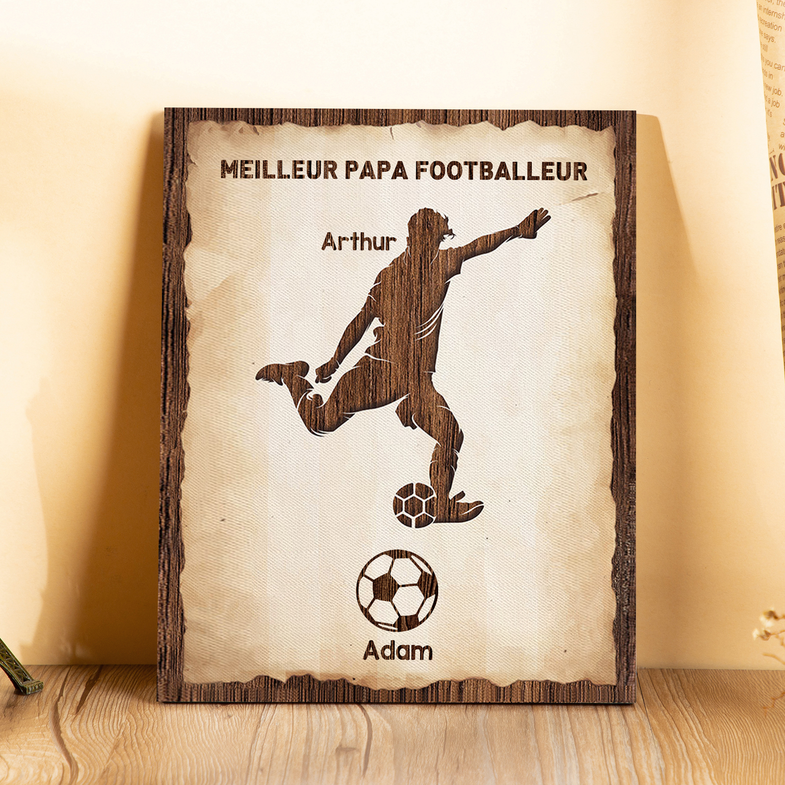 À Mon Papa-Cadre en Bois Football 2 Prénoms Personnalisés