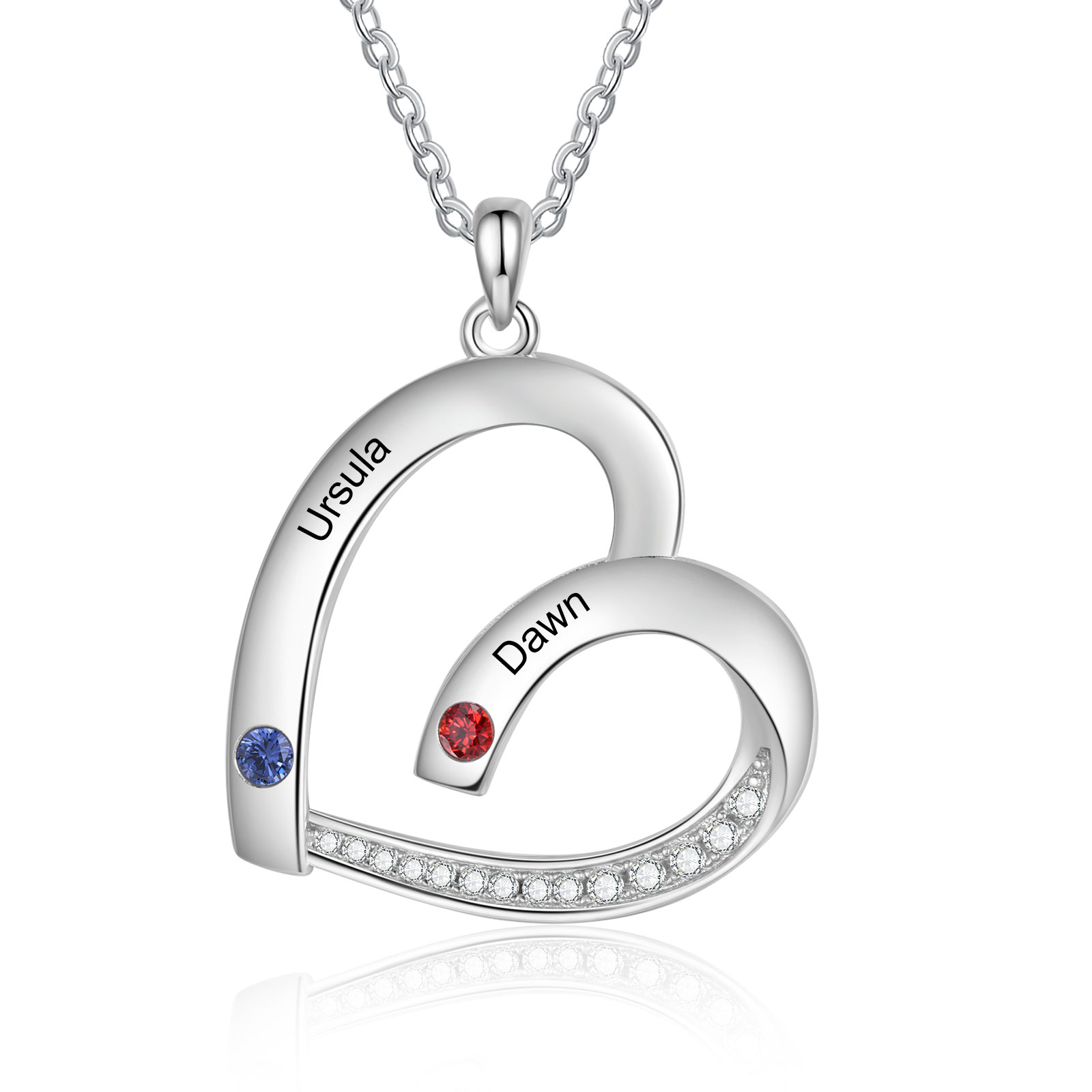 Collier Pendentif Cœur 2 Prénoms Personnalisés avec Pierre de naissance pour Femmes