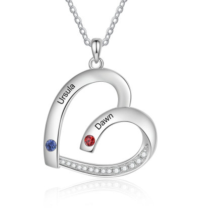 Collier Pendentif Cœur 2 Prénoms Personnalisés avec Pierre de naissance pour Femmes