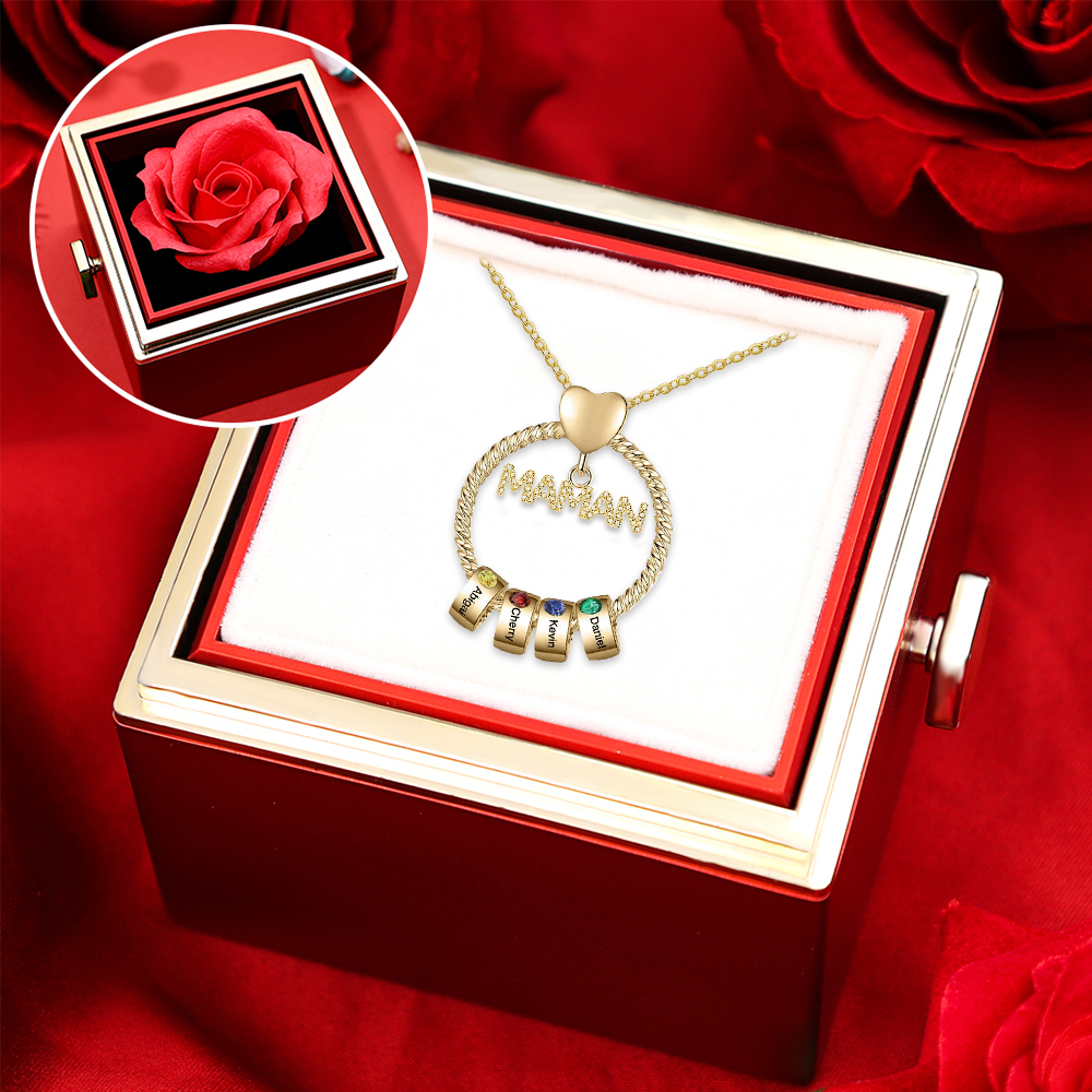 À ma Maman - Collier Pendentif 4 Prénoms Personnalisés avec Pierre de naissance