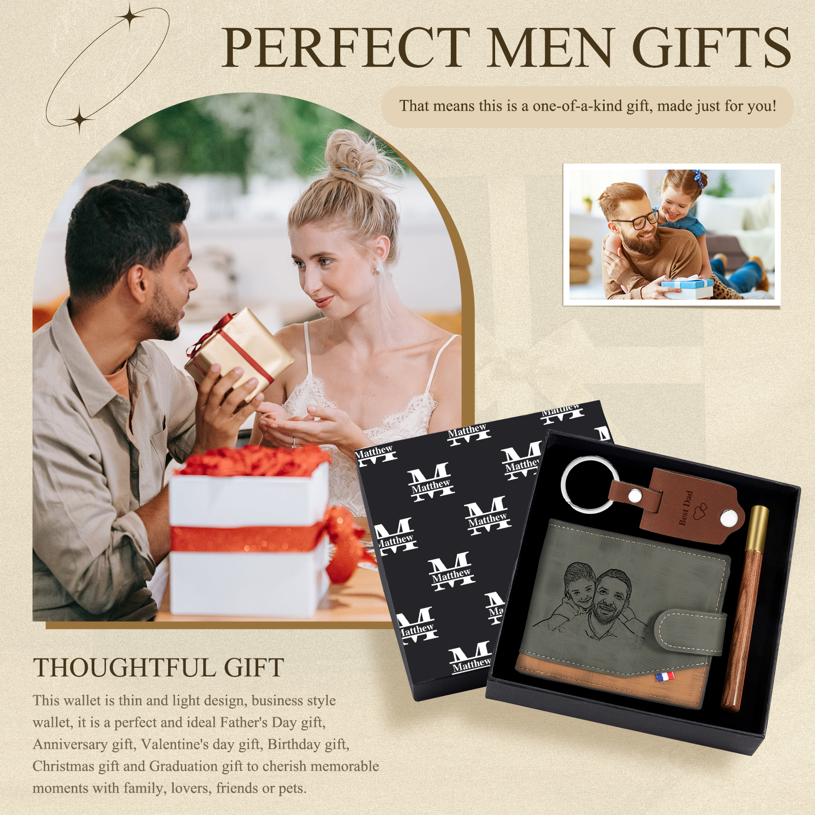 Coffret Cadeau 3PCS - Portefeuille classique Porte-Clés et Stylo 2 Prénoms et 2 Lettres Personnalisés avec 2 Photos et Textes Coffret Cadeau pour Homme