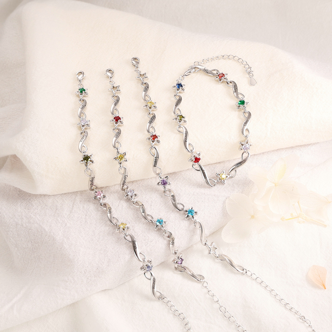 Bracelet infini à Breloque 4 Prénom Personnalisé avec 4 Pierre de Naissance