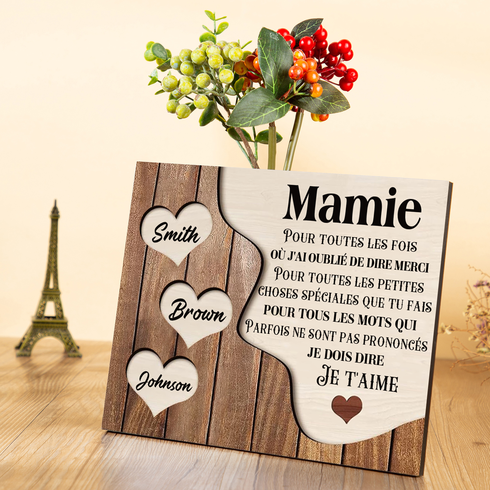 À ma Maman/Mamie - Cadre en Bois 3 Prénoms Personnalisés avec Texte Cadeau pour Famille