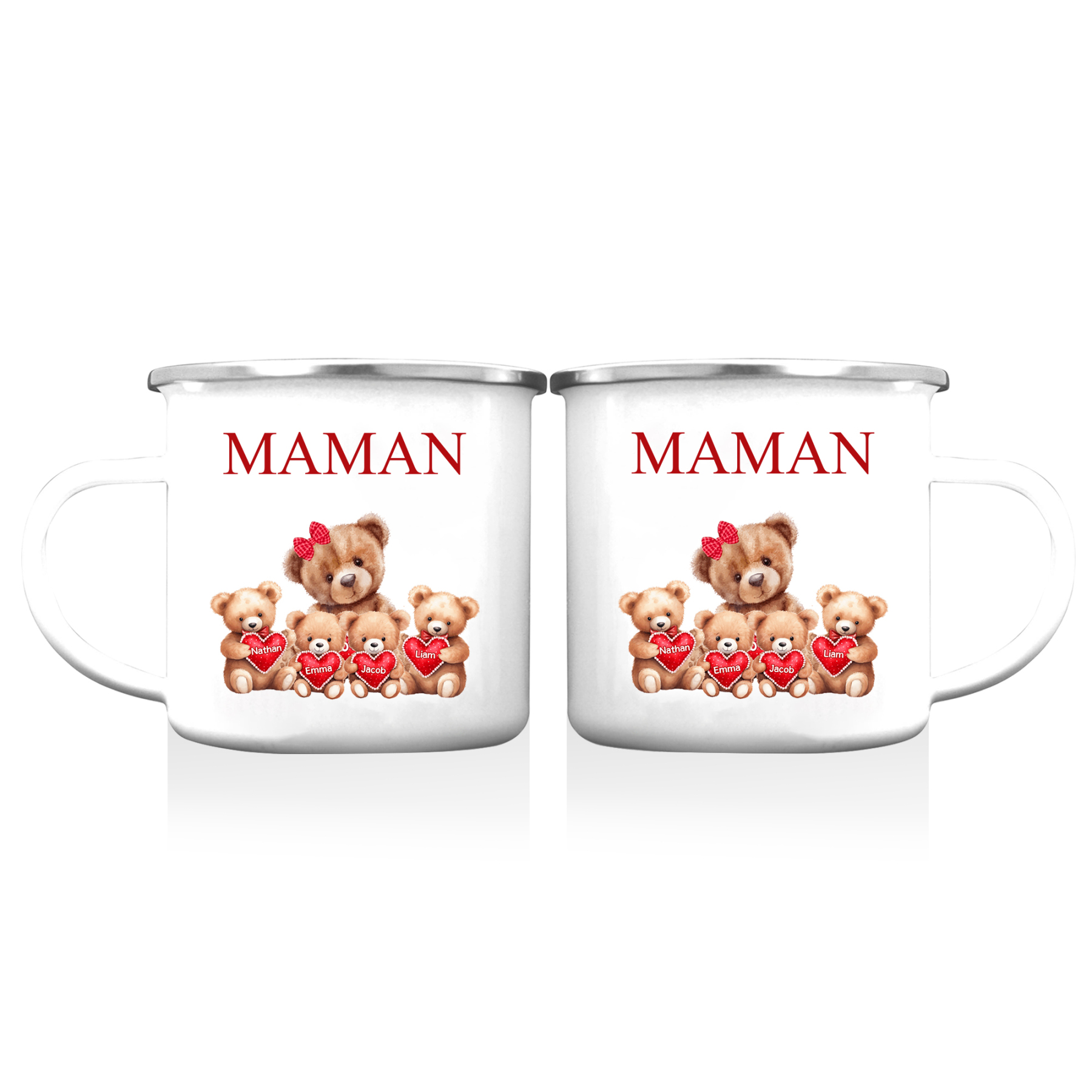 À Maman/Mamie - Tasse émaillée Ours 4 Prénoms Personnalisés