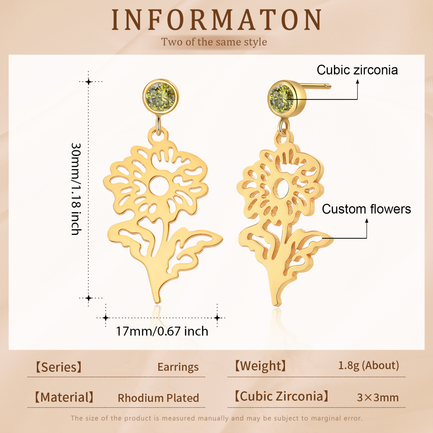Boucle d'oreille Fleur de Naissance Personnalisé avec Pierre de Naissance