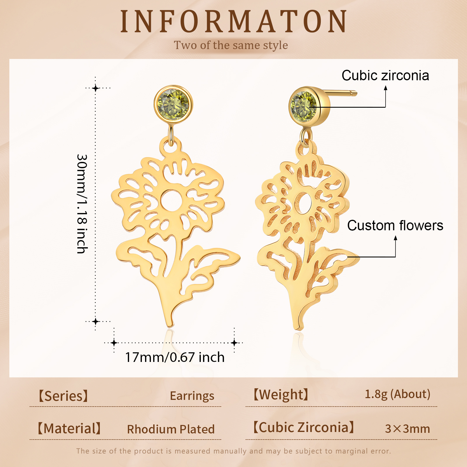 Boucle d'oreille Fleur de Naissance Personnalisé avec Pierre de Naissance