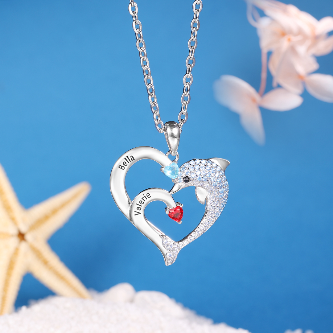 Collier coeur et dauphin 2 Prénoms Personnalisés avec 2 Pierre de Naissance