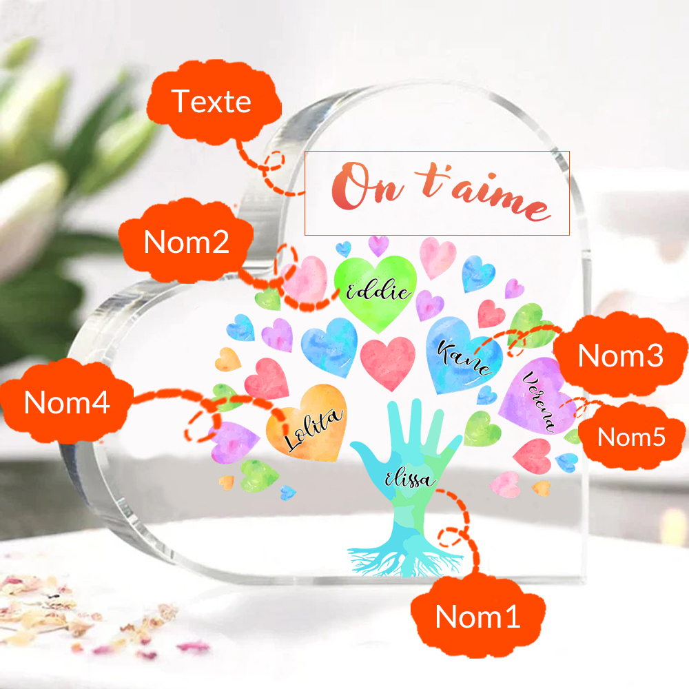 Plaque Acrylique en Forme de Cœur 5 Prénoms Personnalisés avec Texte pour Famille