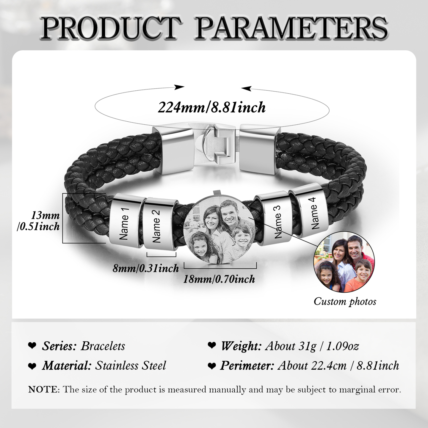 Bracelet Photo Personnalisé avec 4 Prénoms Bracelet en Cuir|Jessemade