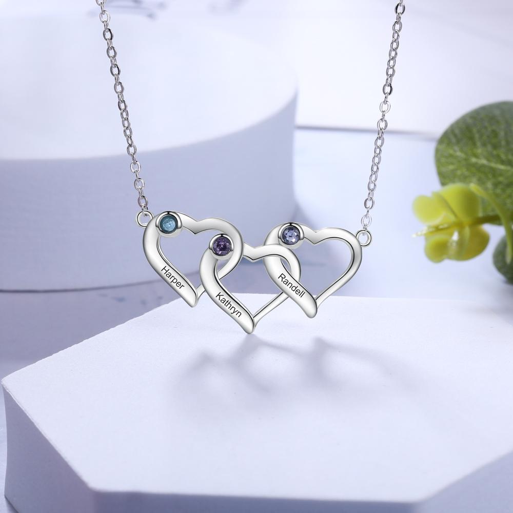 Collier Cœur 3 Prénoms Personnalisés Pendentif avec 3 Pierre de Naissance