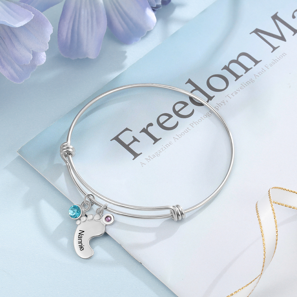 Bracelet Jonc Ajustable Avec 1 Breloque Pied 2 Pierre de Naissance