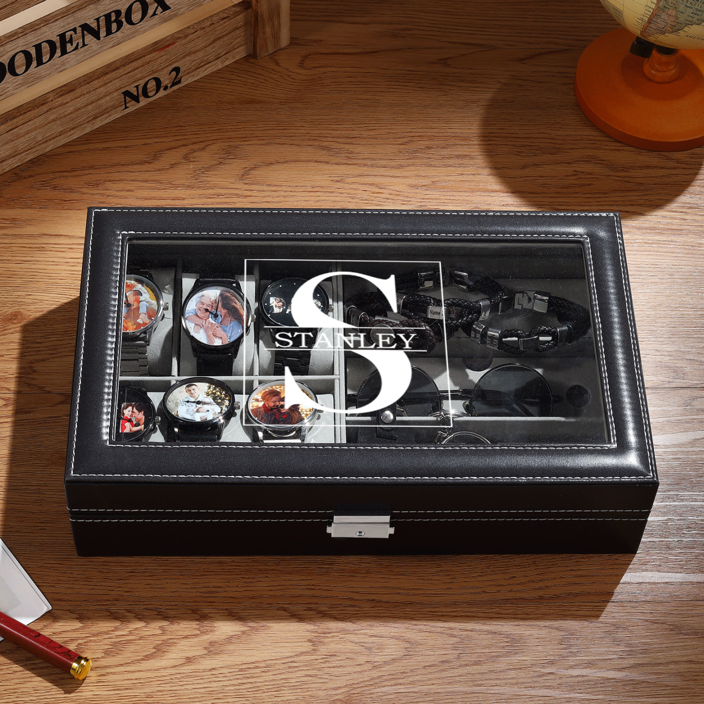 Boîte à Montre et Bijoux 1 Lettre et Texte Personnalisés Coffret Cadeau pour Hommes