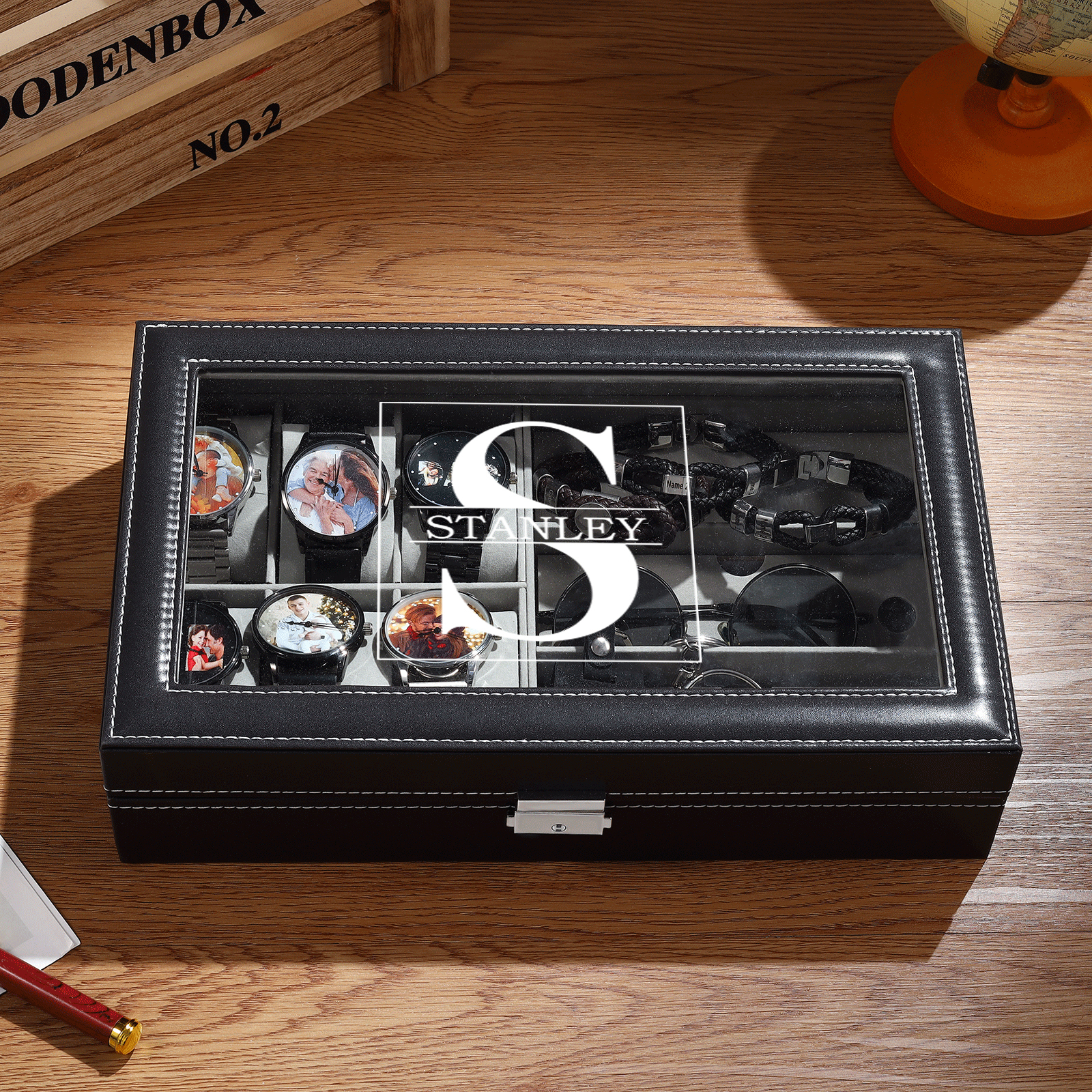 Boîte à Montre et Bijoux 1 Lettre et Texte Personnalisés Coffret Cadeau pour Hommes