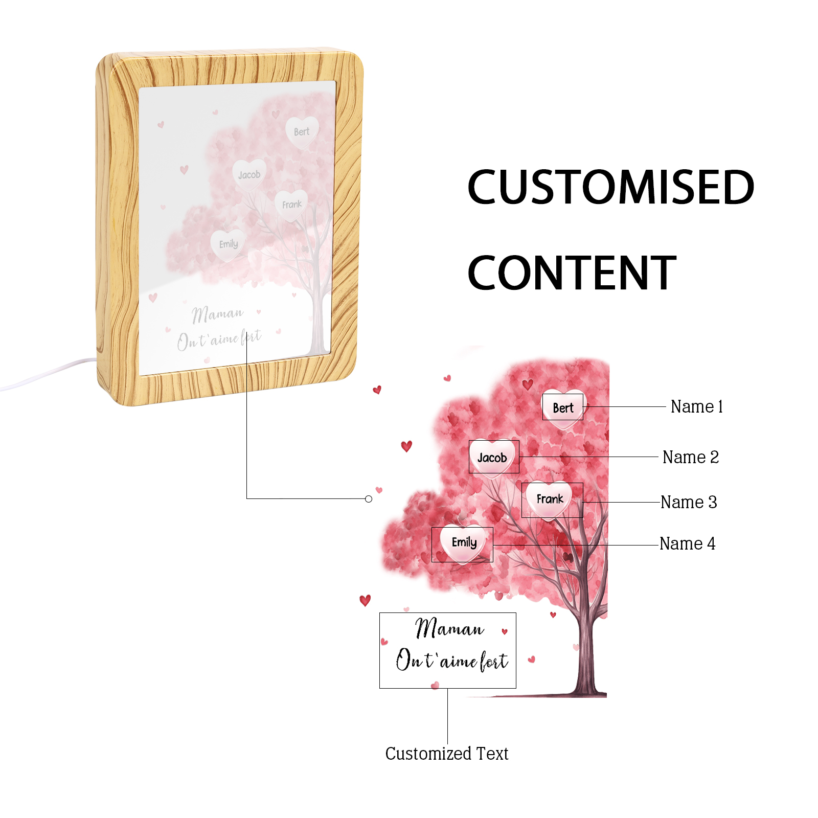 Cadre Photo/Miroir LED Multifonctionnel Arbre 4 Prénoms Personnalisés avec Texte pour Famille